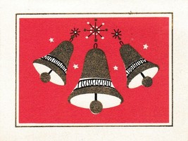 Vintage Christmas Card Gold Bells Red Background Gibson Mid Century - £6.11 GBP