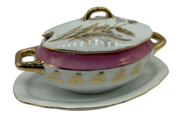 Vintage Porcelain Sugar Bowl Lid Wheat Gold Accents Trim Japan Purple 6&quot; - £18.42 GBP