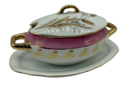 Vintage Porcelain Sugar Bowl Lid Wheat Gold Accents Trim Japan Purple 6&quot; - $23.00