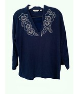 Ladies Liz Claiborne Navy V Neck Top, Embroidered, 100% Cotton, 1X, China - $18.54 CAD