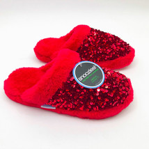 Snoozies Women&#39;s Sequin Glam Slide Slippers Red Medium 7/8 Non Skid Soles - £11.62 GBP