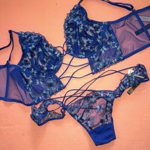 Victoria&#39;s Secret 36B M Bra Set Corset Top L Panty Neon Blue Butterfly Embroider - £63.07 GBP