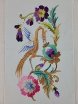 Spring Floral Embroidery Finished Bird Phoenix Tropical Jacobean Purple Blue Vtg - £30.80 GBP