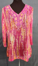 Black Label by Chico&#39;s Pink Tie Dye Embellished Beaded Sheer Top Tunic Size 00 - £23.88 GBP