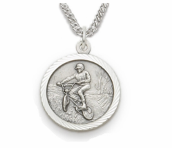 Sterling Silver Boys Off Road Bike St Christopher On Back Medal Necklace &amp; Chain - £63.38 GBP