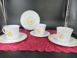 VTG Corelle Meadow Cups Saucers Desert Dishes 3 Sets White Floral Pattern USA - £23.90 GBP