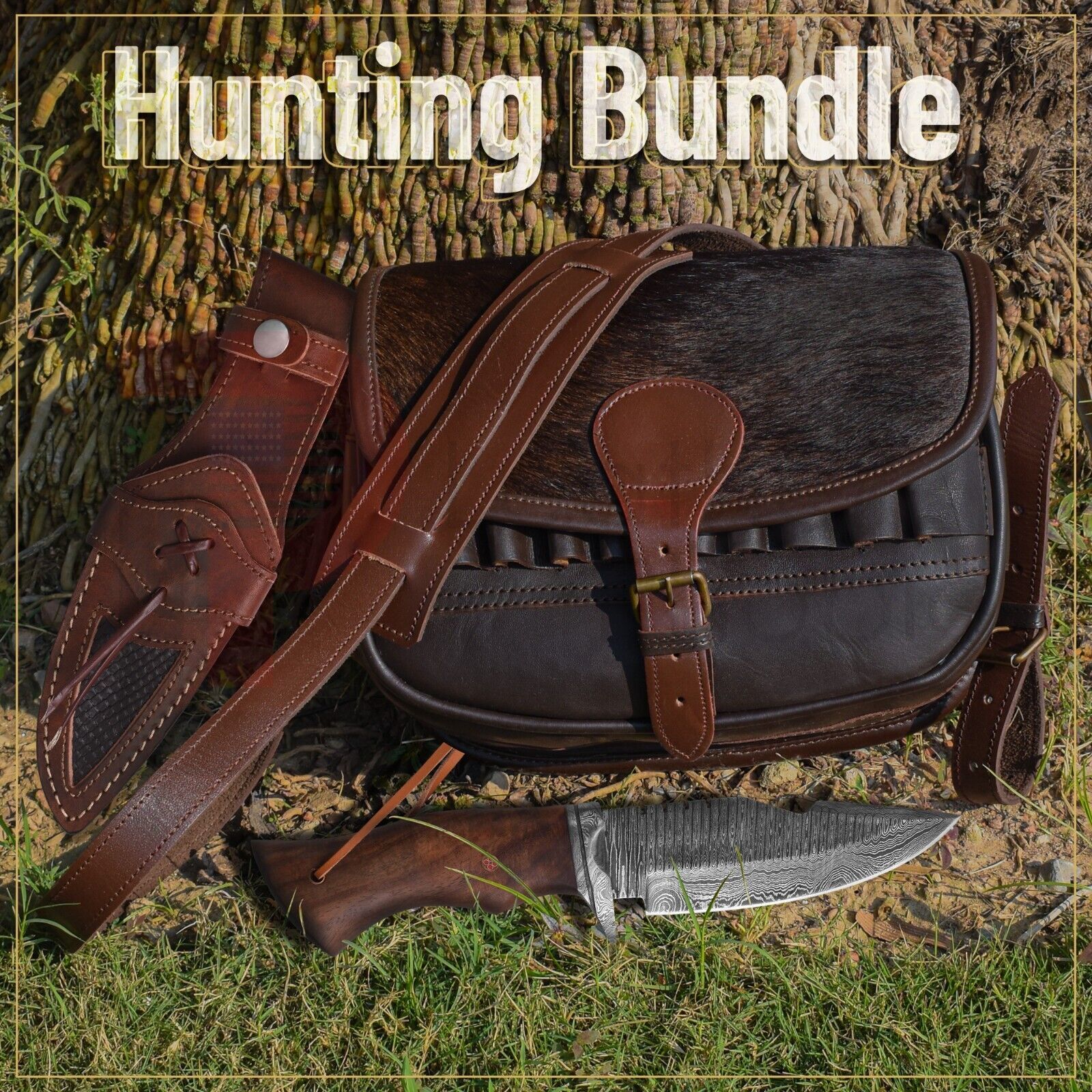 Leather Cartridge Bag Hunting Ammo Bag Shotgun Shell Holder Bag & Bobcat Knife