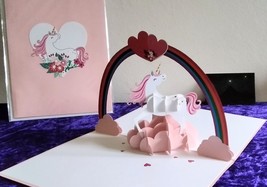 Unicorn on a Pink Cloud under Rainbow Lovehearts 3D Kirigami Pop-up Greeting Car - £7.90 GBP