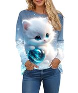 Women's 3D Cat Print Long Sleeve Casual T-Shirt, Autumn Graphic Tees Wom... - $29.69