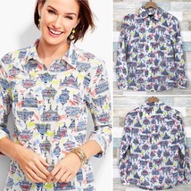 Talbots Bird Cage Print Classic Shirt White Multi Button Front Casual Womens XS - $24.74