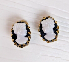 Vintage gold black &amp; white tone faux Cameo Earrings clip on Victorian style - £3.88 GBP