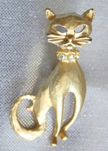 Elegant Mid Century Modern Gold-tone Rhinestone Cat Brooch 1980s vintage - $12.95