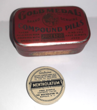 2 Vtg Medical Advertising Tins Gold Medal Compound Pills Mentholatum Sample - £7.78 GBP