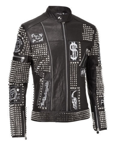 New MENS NEW HANDMADE BLACK LEATHER PUNK PLEIN STYLE STUDDED BIKER JACKET FOR ME