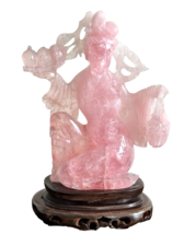 Vintage Chinese Guanyin Hand Carved Rose Quartz Figurine Statue on Wood Base - £310.83 GBP