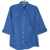 Lands End Size 14 Womens Blouse 3/4 Sleeve Button Front Collared Solid Blue - £11.16 GBP