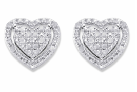 Round Diamond Heart Shaped Floating Halo Stud Earrings Platinum Sterling Silver - £161.22 GBP