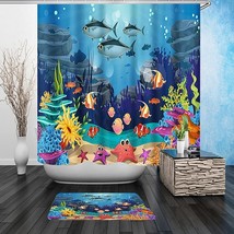4PCS Cartoon Ocean and Creature Shower Curtain Set with Non Slip Rugs Toilet Lid - £40.37 GBP