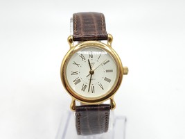 VTG Guess 1987 White Dial Round Gold Tone Case Brown Leather Band Watch New Batt - £25.28 GBP