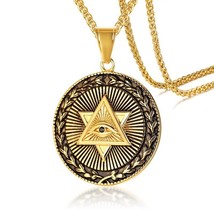 Mens Gold Illuminati Eye of Providence Pendant Necklace Biker Jewelry Chain 24&quot; - £10.14 GBP