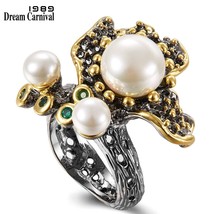 Ng flower pearls ring for women wedding engagement green tone zirconia black gold color thumb200