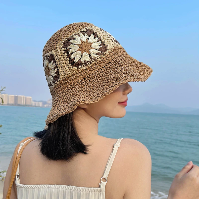 Korea Hollow Knitted Flower Bucket Hat Women&#39;s Spring Summer Sweet Hand Woven - £18.38 GBP
