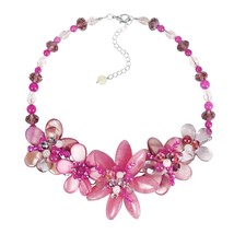 Cute Pink and Purple Blossoms Mixed Seashell, Stone, and Crystal Floral Necklace - £35.27 GBP