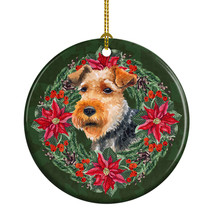 Welsh Terrier Poinsetta Wreath Ceramic Ornament Christmas Tree Hanging Decoratio - £27.72 GBP