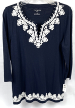 Talbots Tunic Top M PM Embroidered Knit Stretch Cotton Blouse Navy - $25.00