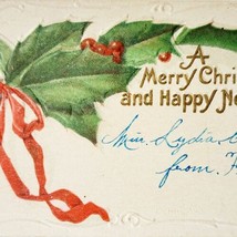 Merry Christmas Happy New Year 1910s Embossed Holly Business Card Size P... - £11.87 GBP