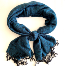 Wavy Geometric Teal Black Scarf Shawl Tassle Rayon Acrylic Blend 72&quot;x28&quot; - £10.16 GBP