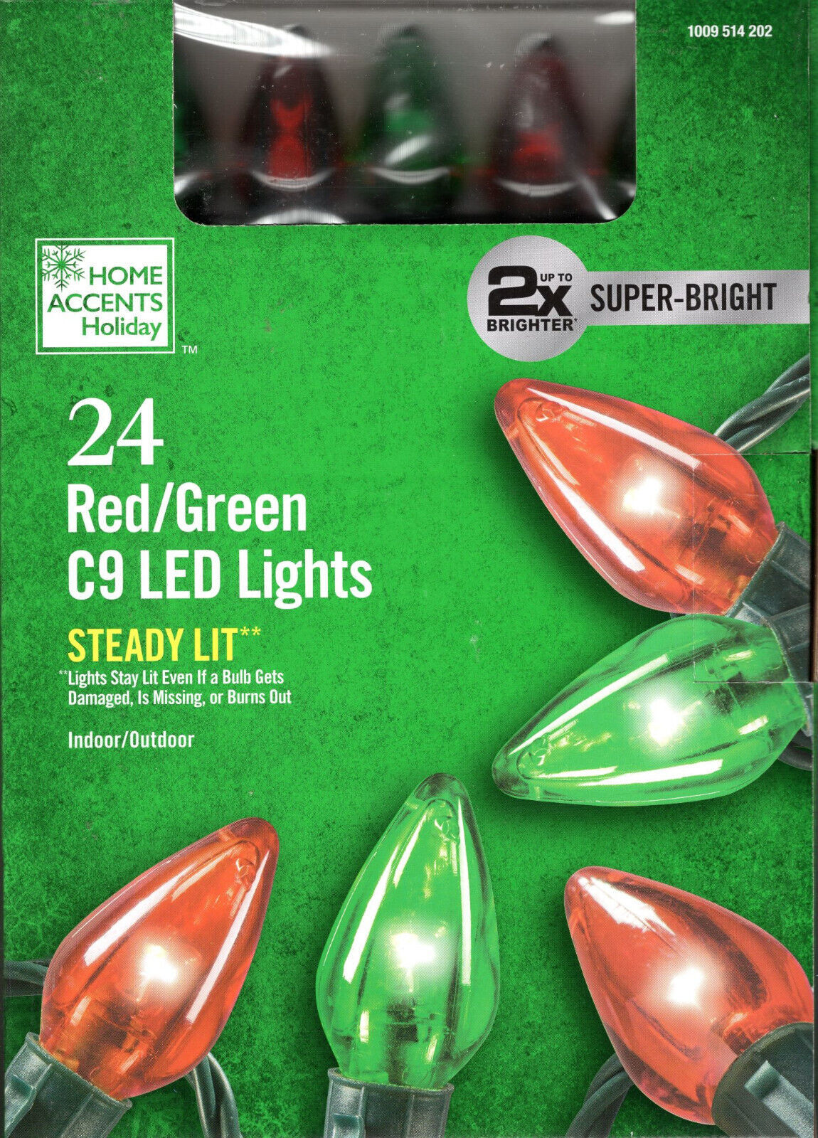 HOME ACCENTS HOLIDAY 1009 514 202 24CT RED/GREEN LED C9 15&#39; GREEN STRING... - $16.98