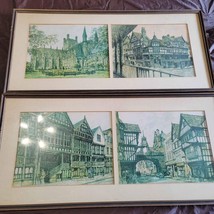 Framed Art Prints 2 pc European Cities Streets Buildings Signed 28x13 Vintage  - £41.68 GBP