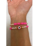 Evil eye bracelet’s pearl heishi polymer beads elasticated stretchy hand... - $285.54 MXN