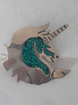 Turquoise Crushed Stone Unicorn Brooch 925 Silver Taxco Vintage - £47.79 GBP