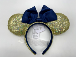 Disney Parks WDW 50th Anniversary Gold Sequin Blue Bow Ears Headband EARidescent - £16.31 GBP