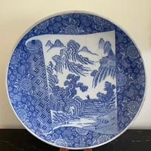 Antique Japanese 12&quot; Blue and White Landscape Pottery Plate - £297.72 GBP