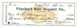 1873 $1,300 Bank Check, Vineland Safe Deposit Co., New Jersey - £23.36 GBP