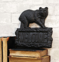 Rustic Western Black Bear On Tree Log Cast Iron Wall Art Welcome Sign Decor - £29.56 GBP