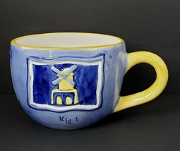 Peint Main Blue &amp; Yellow Hand Painted 16 oz. Coffee Tea Mug Cup - £10.10 GBP