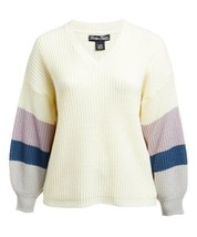 Evelyn Taylor Cream &amp; Purple Stripe Bishop-Sleeve V-Neck Sweater Size XL - £14.39 GBP