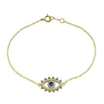 925 Sterling Silver Yellow Gold Plated Evil Eye CZ Bracelet 8&quot; adjustable - £19.08 GBP
