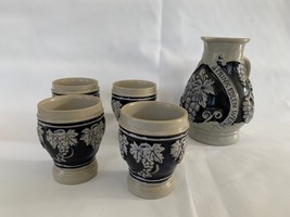 Set Of Cups and Pitcher German Blue Salt Glaze Tumbler Germany Stoneware - £36.13 GBP