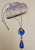 VTG 1980s SIGNED &quot; NRT &quot; Art Deco Revival Faux Sapphire Blue Pendant Gold tone - £13.02 GBP