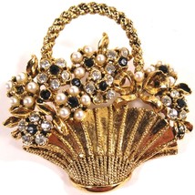 Coro Craft Brooch Pin Gold Flower Basket Black and Clear Rhinestones Faux Pearls - £26.47 GBP