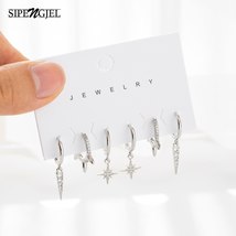 6 Pcs Fashion Zircon Simple Star Small Hoop Earrings Set For Women Hip Hop Silve - £9.78 GBP