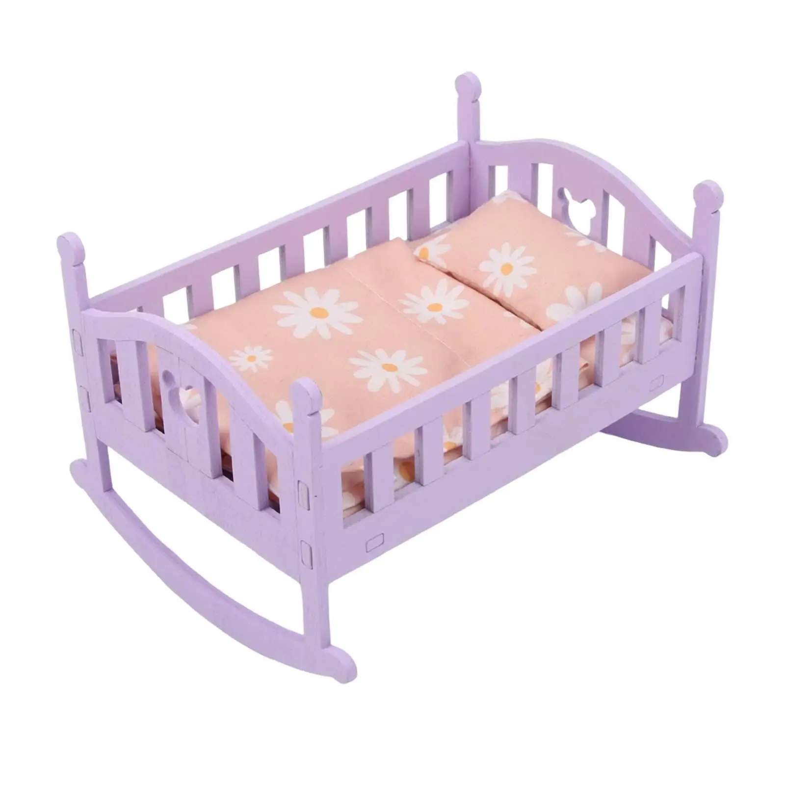 Simulation Baby Doll Bed Wooden Furniture with Bedding Set Miniature Crib - £12.63 GBP
