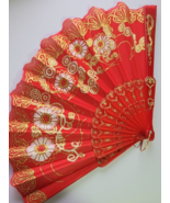 Gold &amp; Red Large Lace Floral Folding Hand Held Plastic Chinese Fan - $119.35 MXN
