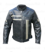 New Men&#39;s Black White Stripe Motorcycle Cowhide Leather Jacket Safety Pa... - $179.99