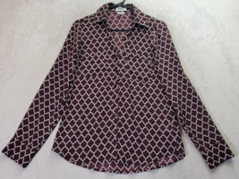 Express Shirt Womens Petite Small Brown Geo Print Slim Fit Collared Button Down - £9.66 GBP